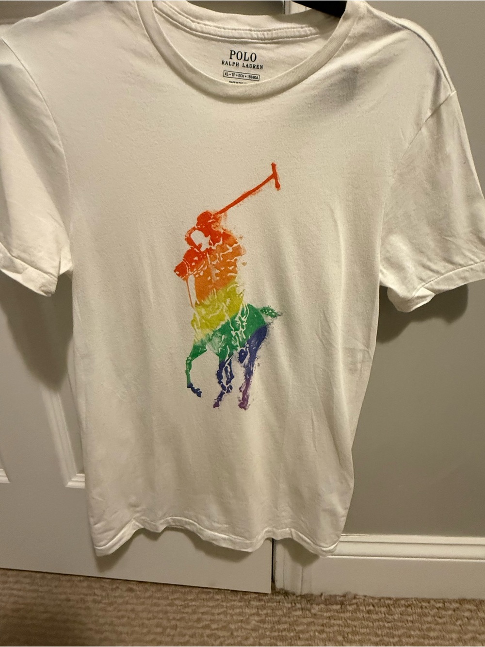 Polo by Ralph Lauren White Tee with Rainbow Polo Player Graphic, XS